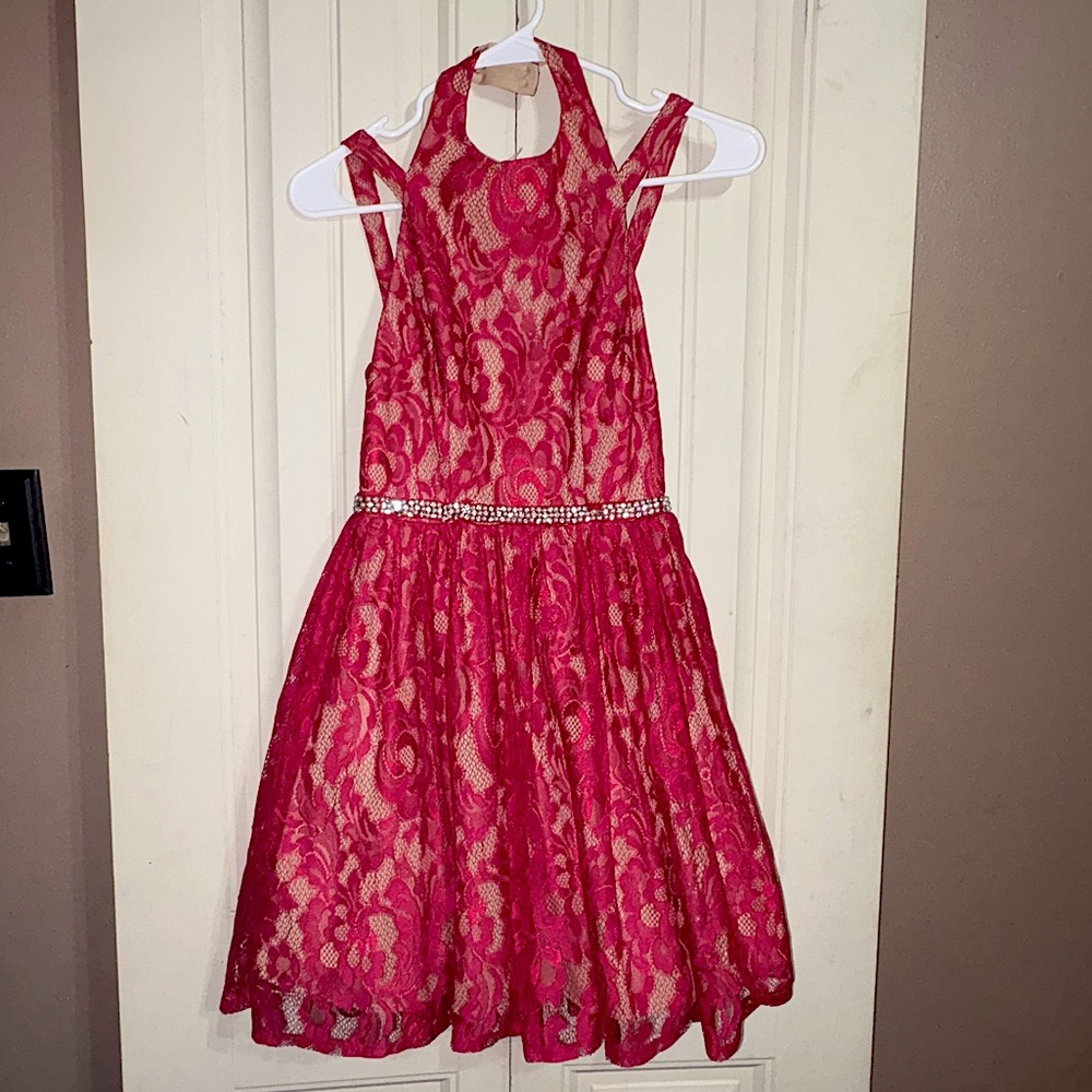 Girls Red Lace/Nude Formal/HoCo/Prom Dress